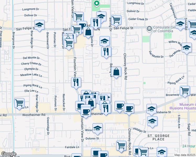 map of restaurants, bars, coffee shops, grocery stores, and more near 2211 Augusta Drive in Houston