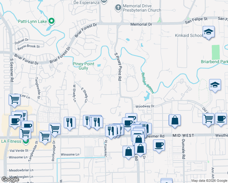 map of restaurants, bars, coffee shops, grocery stores, and more near 2210 South Piney Point Road in Houston