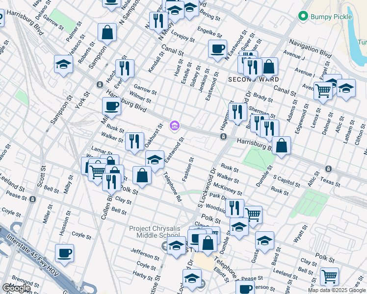 map of restaurants, bars, coffee shops, grocery stores, and more near 4413 Rusk Street in Houston