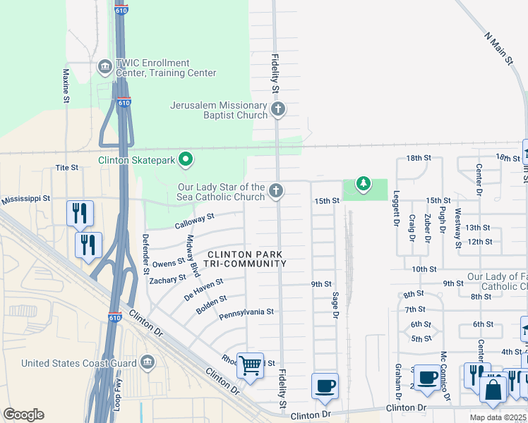 map of restaurants, bars, coffee shops, grocery stores, and more near 1401 Fidelity Street in Houston