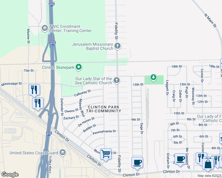 map of restaurants, bars, coffee shops, grocery stores, and more near 1401 Fidelity Street in Houston