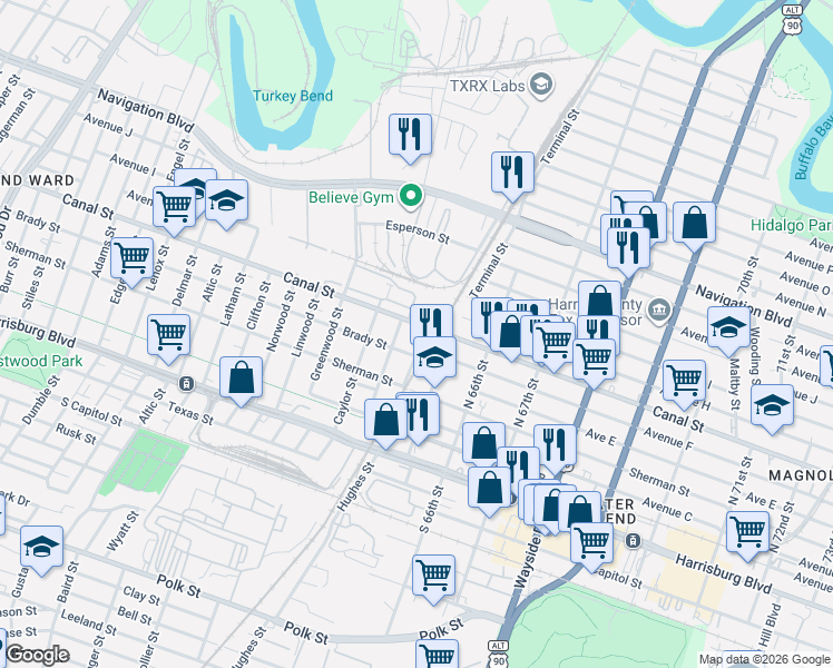 map of restaurants, bars, coffee shops, grocery stores, and more near 5 Marsden Street in Houston