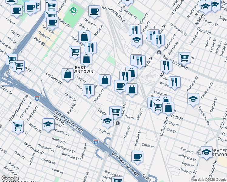 map of restaurants, bars, coffee shops, grocery stores, and more near 1105 Roberts Street in Houston