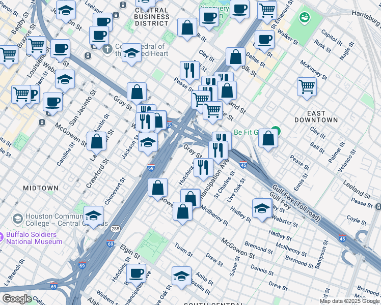 map of restaurants, bars, coffee shops, grocery stores, and more near 2202 Saint Emanuel Street in Houston