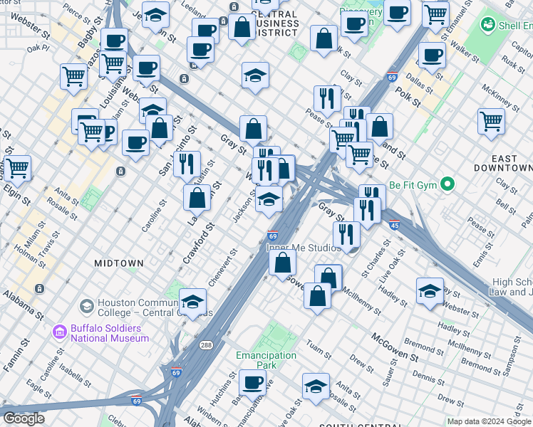 map of restaurants, bars, coffee shops, grocery stores, and more near 2200 Chenevert Street in Houston