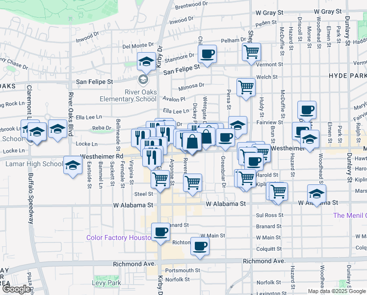 map of restaurants, bars, coffee shops, grocery stores, and more near 2405 Locke Lane in Houston