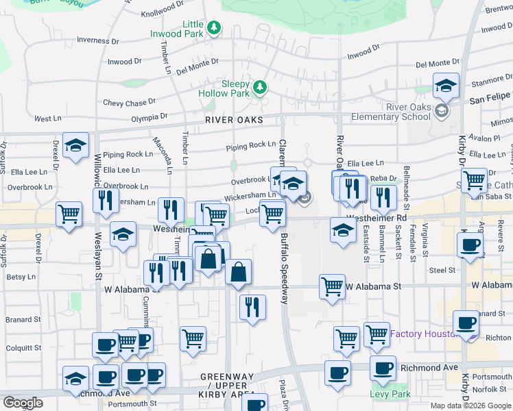 map of restaurants, bars, coffee shops, grocery stores, and more near 3434 Wickersham Lane in Houston