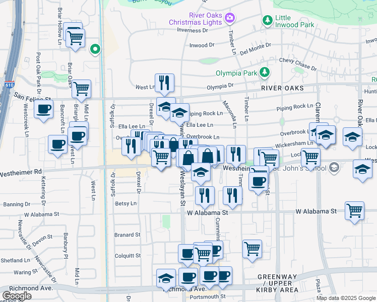 map of restaurants, bars, coffee shops, grocery stores, and more near 3821 Overbrook Lane in Houston