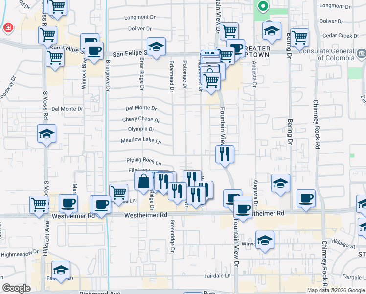 map of restaurants, bars, coffee shops, grocery stores, and more near 2225 Potomac Drive in Houston