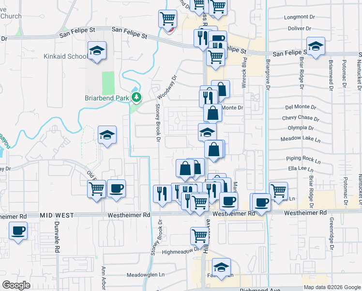 map of restaurants, bars, coffee shops, grocery stores, and more near 7600 Burgoyne Road in Houston