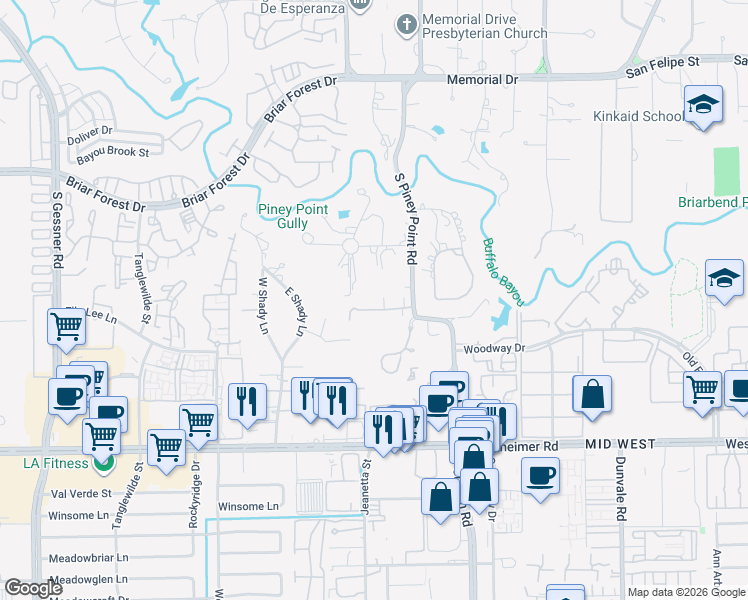 map of restaurants, bars, coffee shops, grocery stores, and more near 2210 South Piney Point Road in Houston
