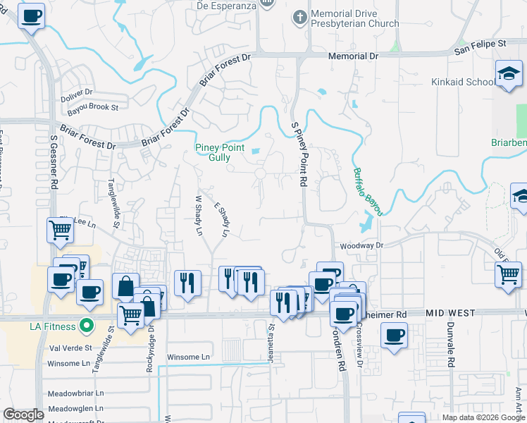 map of restaurants, bars, coffee shops, grocery stores, and more near 11650 Arrowwood Circle in Houston