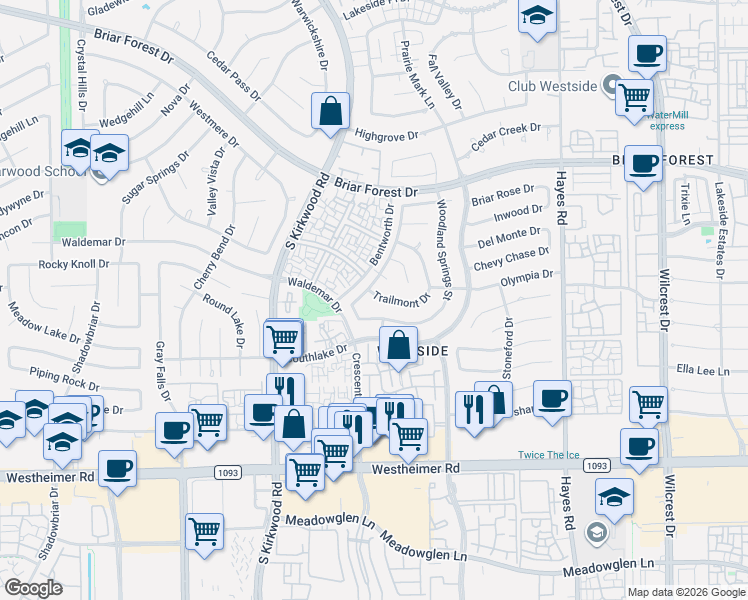 map of restaurants, bars, coffee shops, grocery stores, and more near 2206 Hickory Lawn Drive in Houston