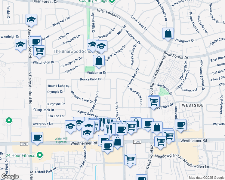 map of restaurants, bars, coffee shops, grocery stores, and more near 2019 Gray Falls Drive in Houston