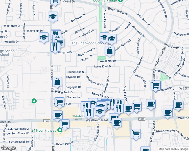 map of restaurants, bars, coffee shops, grocery stores, and more near 1915 Round Lake Drive in Houston