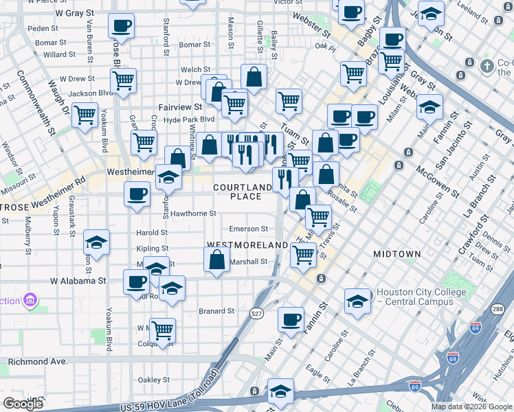 map of restaurants, bars, coffee shops, grocery stores, and more near 306 Hawthorne Street in Houston