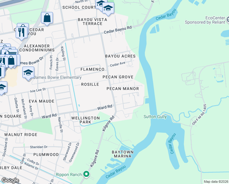 map of restaurants, bars, coffee shops, grocery stores, and more near 2510 Pecan Manor Street in Baytown