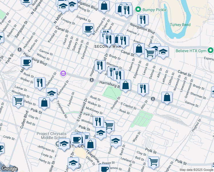 map of restaurants, bars, coffee shops, grocery stores, and more near 308 Stiles Street in Houston