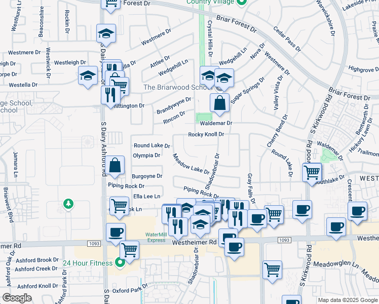 map of restaurants, bars, coffee shops, grocery stores, and more near 1915 Round Lake Drive in Houston