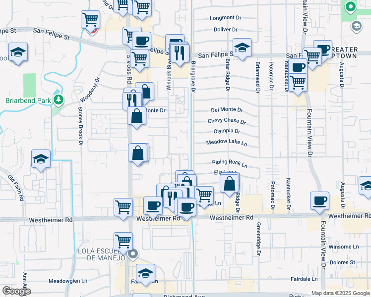 map of restaurants, bars, coffee shops, grocery stores, and more near 2235 Winrock Boulevard in Houston