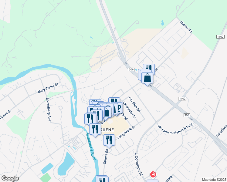 map of restaurants, bars, coffee shops, grocery stores, and more near 1852 Pebble Brook Drive in New Braunfels