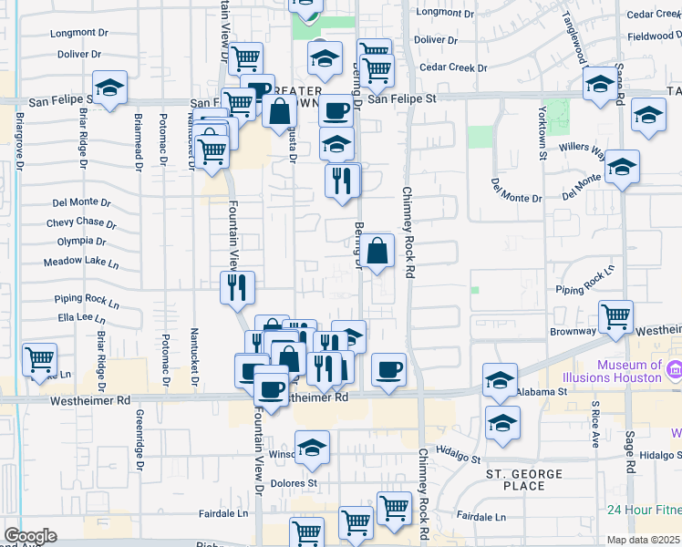 map of restaurants, bars, coffee shops, grocery stores, and more near 2100 Bering Drive in Houston