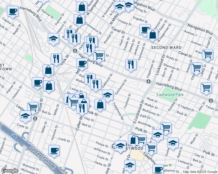 map of restaurants, bars, coffee shops, grocery stores, and more near 4203 Rusk Street in Houston