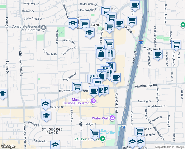 map of restaurants, bars, coffee shops, grocery stores, and more near 2320 McCue Road in Houston