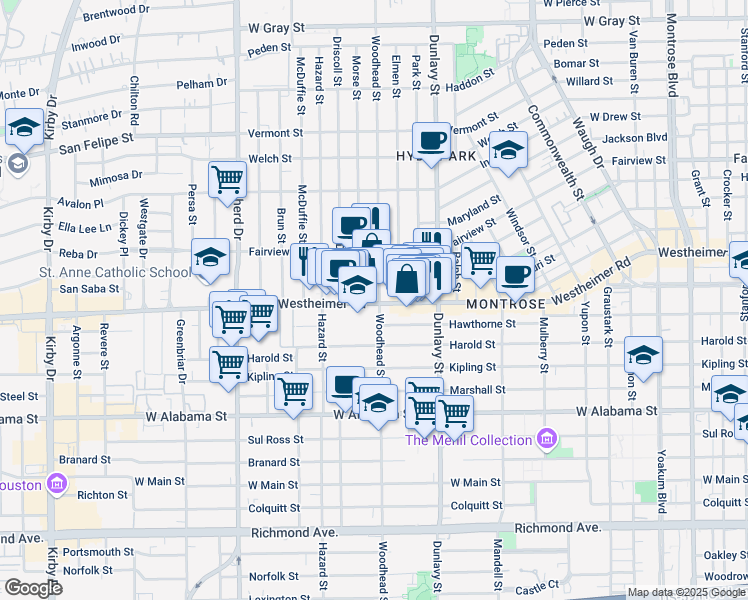 map of restaurants, bars, coffee shops, grocery stores, and more near 2507 Woodhead Street in Houston