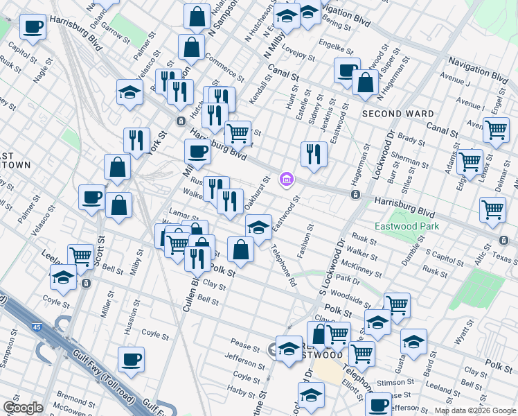 map of restaurants, bars, coffee shops, grocery stores, and more near 4203 Rusk Street in Houston