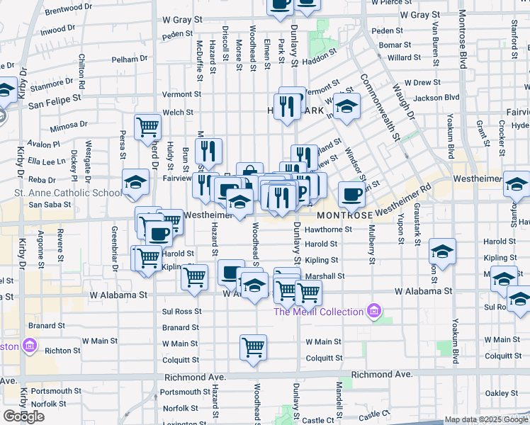 map of restaurants, bars, coffee shops, grocery stores, and more near 2507 Woodhead Street in Houston
