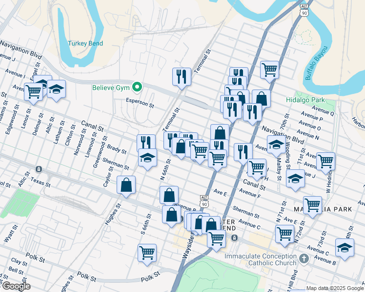 map of restaurants, bars, coffee shops, grocery stores, and more near 6611 Avenue I in Houston