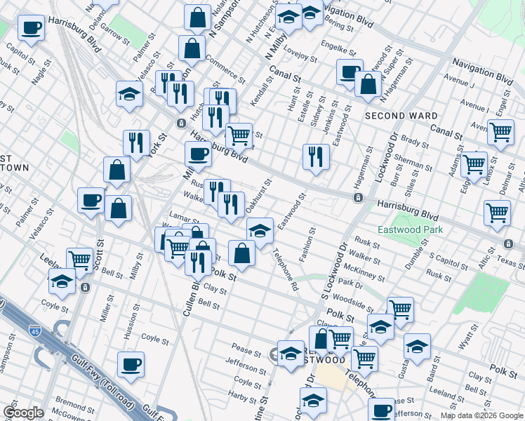 map of restaurants, bars, coffee shops, grocery stores, and more near 4203 Rusk Street in Houston