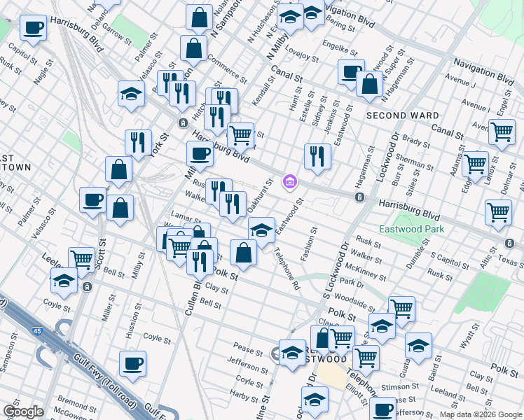 map of restaurants, bars, coffee shops, grocery stores, and more near 4203 Rusk Street in Houston