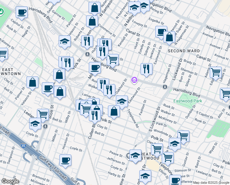 map of restaurants, bars, coffee shops, grocery stores, and more near 806 Cullen Boulevard in Houston