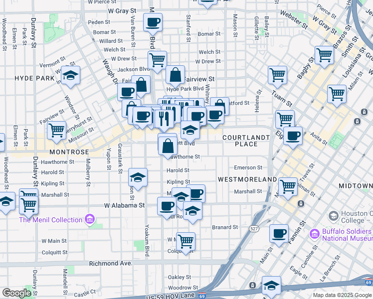 map of restaurants, bars, coffee shops, grocery stores, and more near 808 Lovett Boulevard in Houston