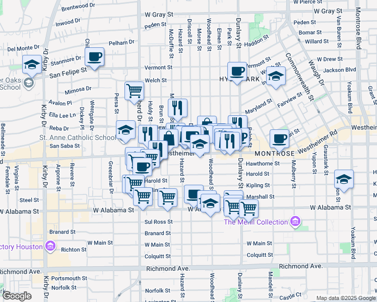 map of restaurants, bars, coffee shops, grocery stores, and more near 2505 Driscoll Street in Houston