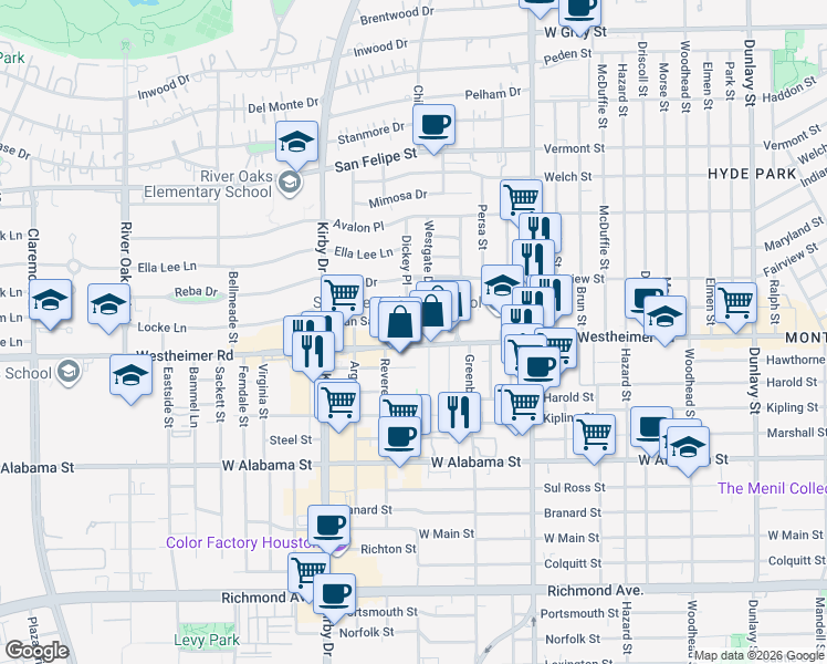 map of restaurants, bars, coffee shops, grocery stores, and more near 2510 Westgate Drive in Houston