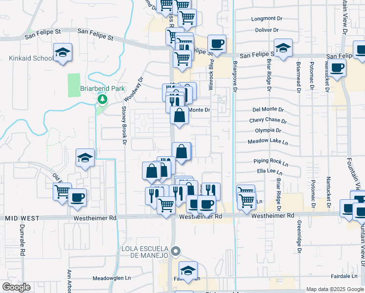 map of restaurants, bars, coffee shops, grocery stores, and more near 2251 South Voss Road in Houston