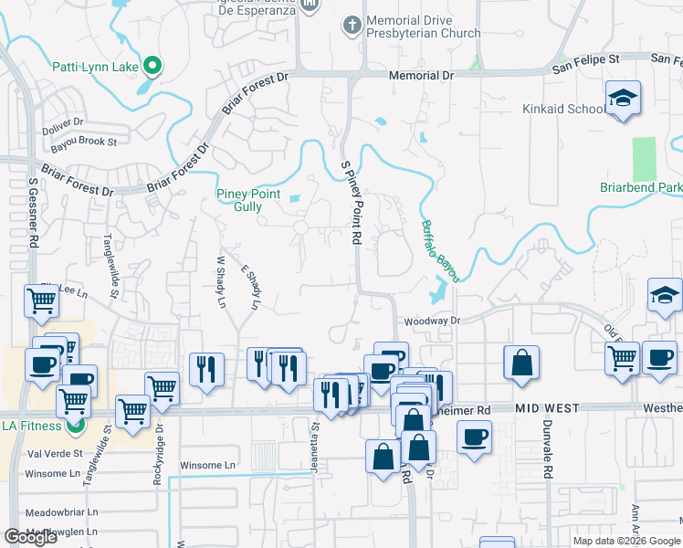 map of restaurants, bars, coffee shops, grocery stores, and more near 2210 South Piney Point Road in Houston