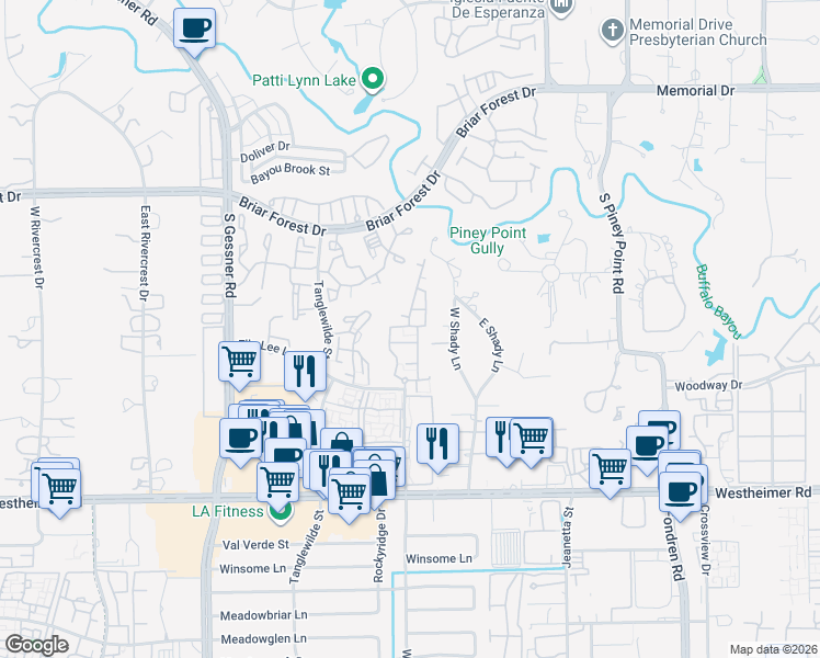 map of restaurants, bars, coffee shops, grocery stores, and more near Unnamed Road in Houston