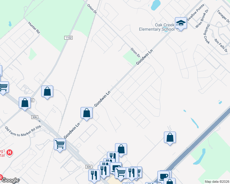 map of restaurants, bars, coffee shops, grocery stores, and more near 2725 Brogan Creek in New Braunfels