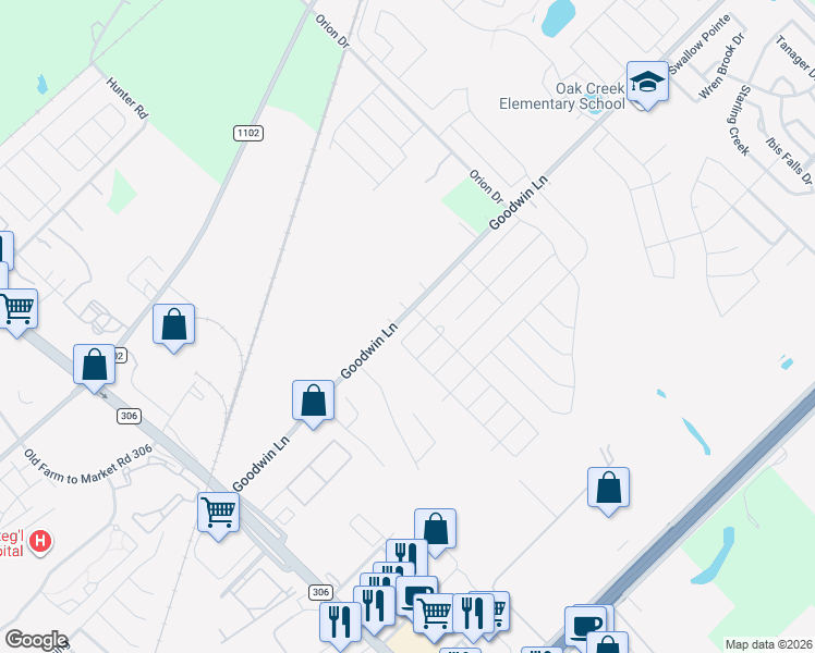 map of restaurants, bars, coffee shops, grocery stores, and more near 2725 Brogan Creek in New Braunfels