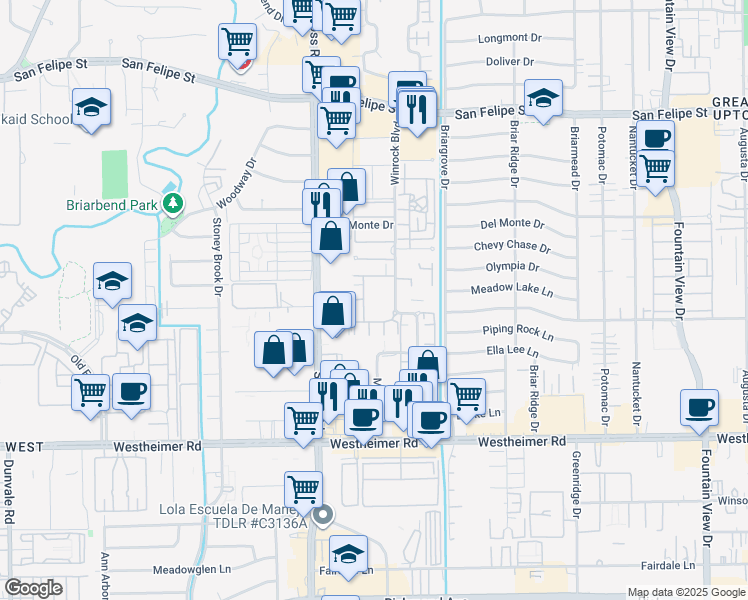 map of restaurants, bars, coffee shops, grocery stores, and more near 6417 Olympia Drive in Houston