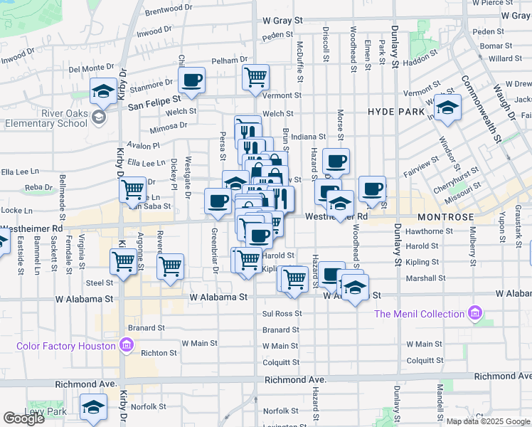 map of restaurants, bars, coffee shops, grocery stores, and more near 2501 Shepherd Drive in Houston
