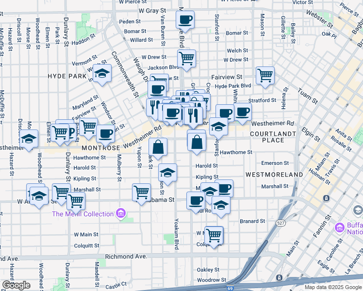 map of restaurants, bars, coffee shops, grocery stores, and more near 3300 Montrose Boulevard in Houston