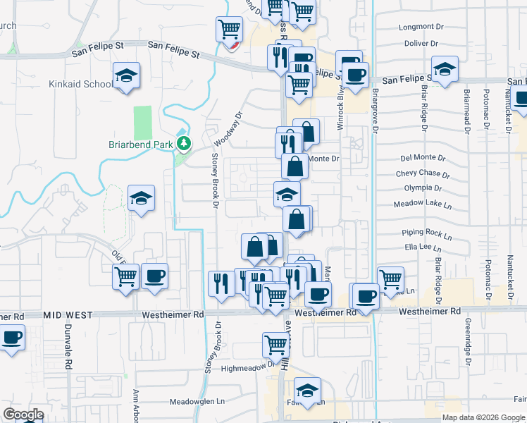 map of restaurants, bars, coffee shops, grocery stores, and more near 7510 Burgoyne Drive in Houston