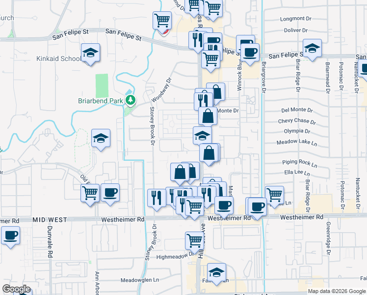 map of restaurants, bars, coffee shops, grocery stores, and more near 7510 Burgoyne Drive in Houston
