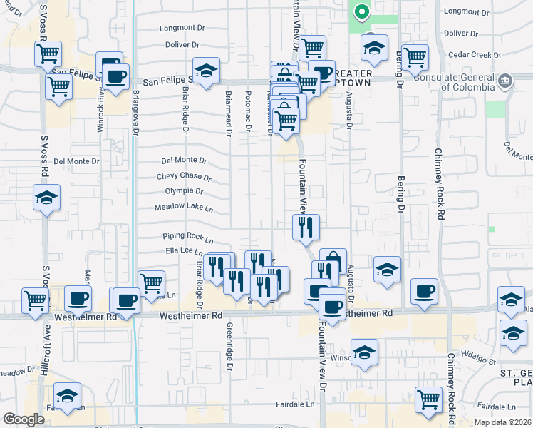 map of restaurants, bars, coffee shops, grocery stores, and more near 2308 Nantucket Drive in Houston