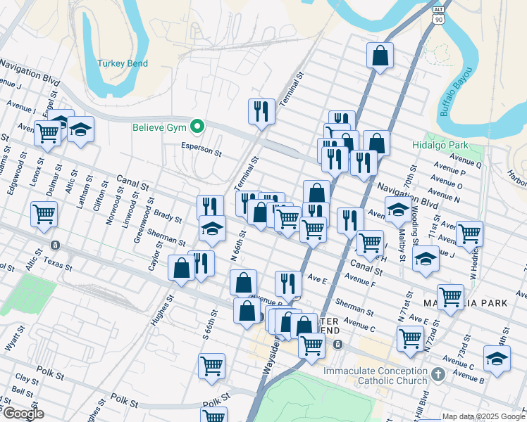 map of restaurants, bars, coffee shops, grocery stores, and more near 6611 Avenue I in Houston